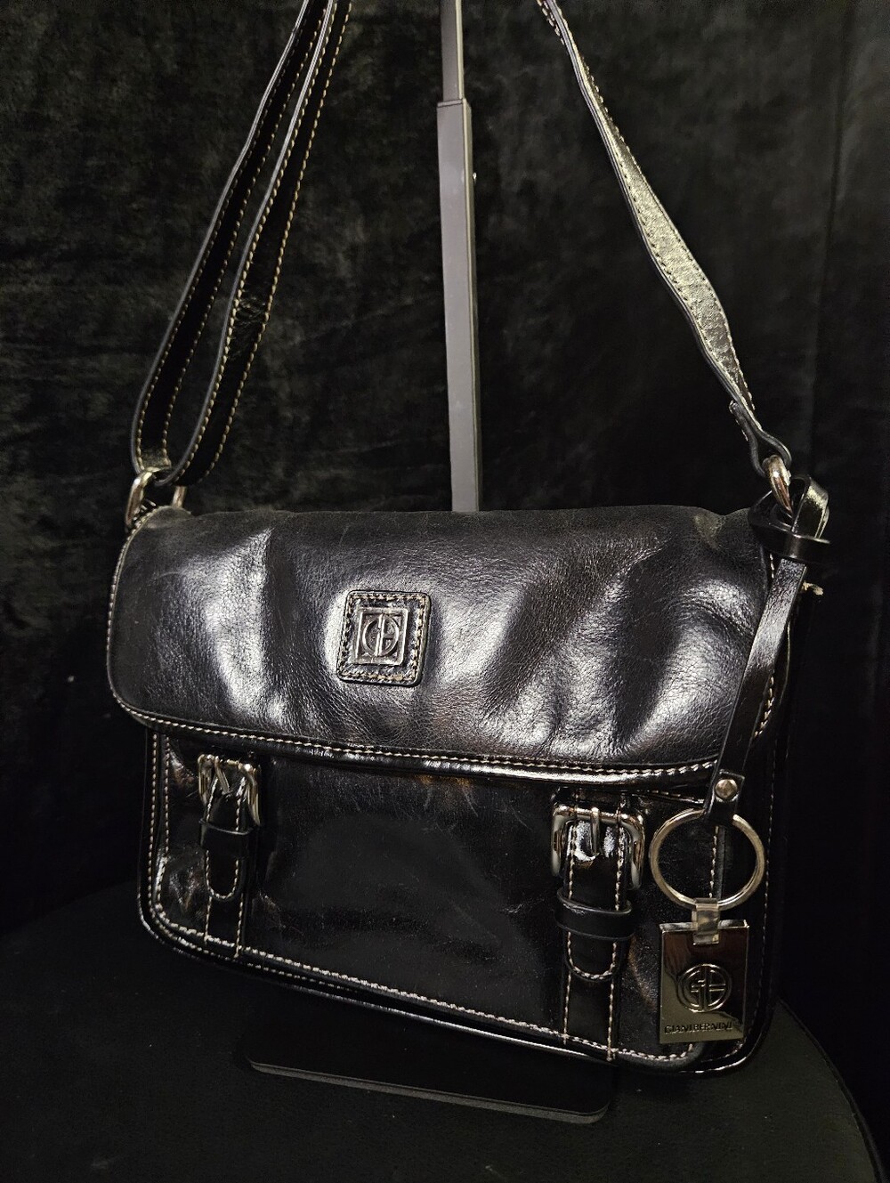Giani Bernini Vintage Black Leather Messenger Crossbody Bag